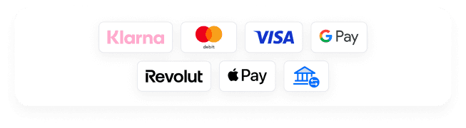 Klarna, Mastercard, Visa, Google Pay, Revolut, Apple Pay, Banküberweisung