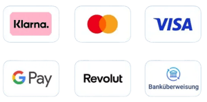 Klarna, Mastercard, Visa, Google Pay, Revolut, Banküberweisung